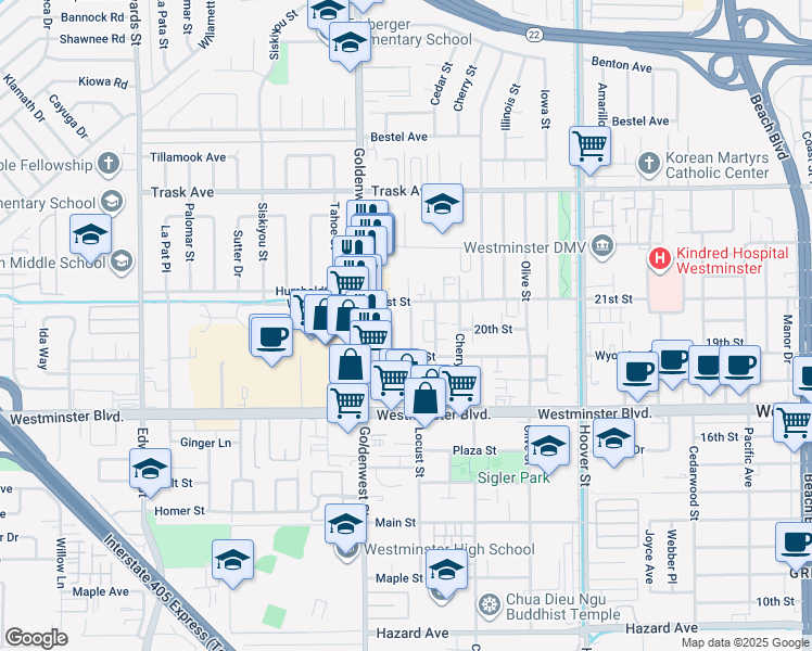 map of restaurants, bars, coffee shops, grocery stores, and more near 13782 Locust Street in Westminster