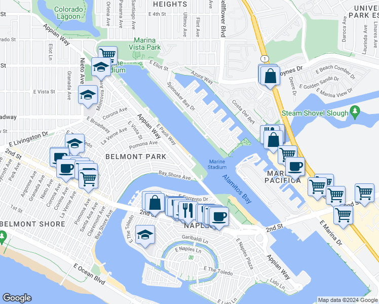 map of restaurants, bars, coffee shops, grocery stores, and more near 5300-5498 East Paoli Way in Long Beach