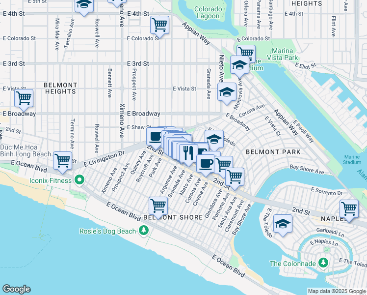map of restaurants, bars, coffee shops, grocery stores, and more near 222 Argonne Avenue in Long Beach