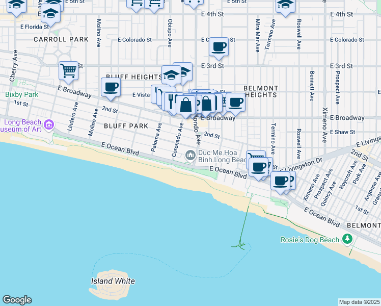 map of restaurants, bars, coffee shops, grocery stores, and more near 3334 East 1st Street in Long Beach