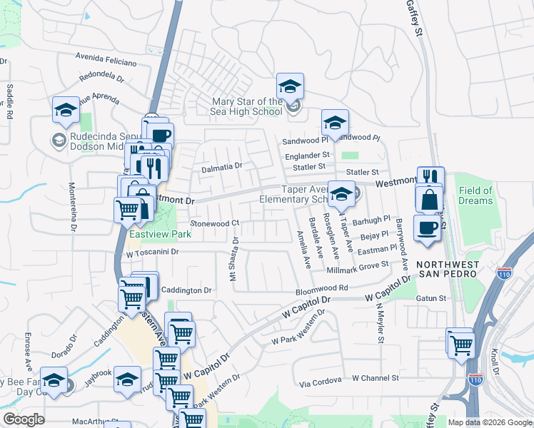 map of restaurants, bars, coffee shops, grocery stores, and more near 1926 Mount Shasta Drive in Los Angeles