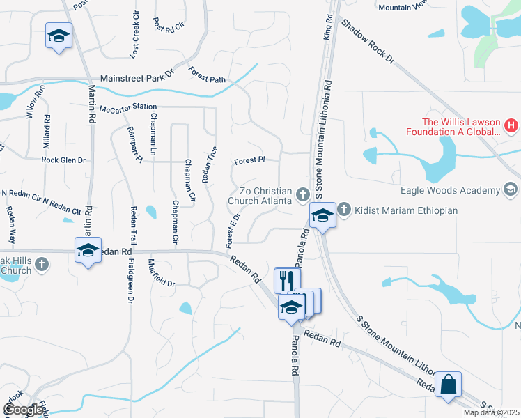 map of restaurants, bars, coffee shops, grocery stores, and more near 1090 Forest Path in Stone Mountain