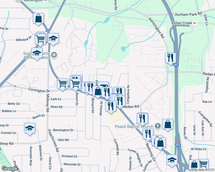 map of restaurants, bars, coffee shops, grocery stores, and more near 3587 Swallow Lane in Decatur