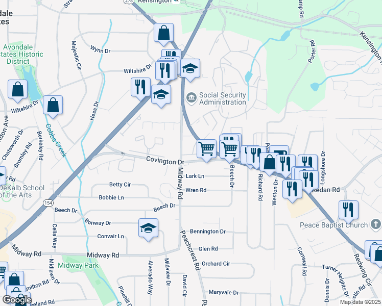 map of restaurants, bars, coffee shops, grocery stores, and more near 1110 Bakary Court in Decatur