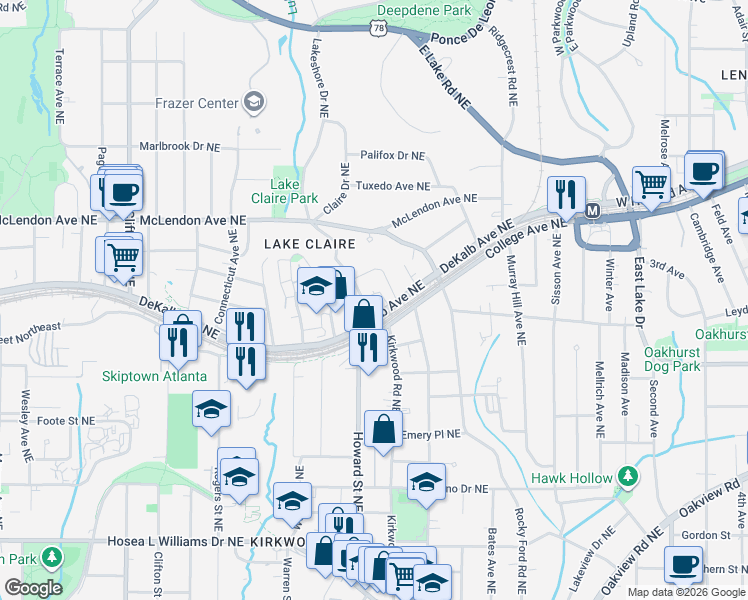 map of restaurants, bars, coffee shops, grocery stores, and more near 267 Oxford Place Northeast in Atlanta