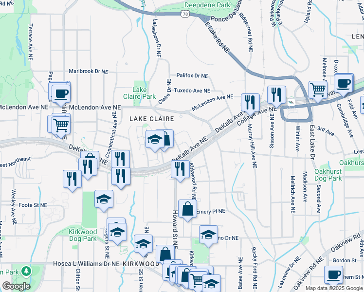 map of restaurants, bars, coffee shops, grocery stores, and more near 285 Oxford Place Northeast in Atlanta