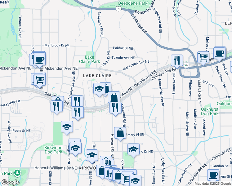 map of restaurants, bars, coffee shops, grocery stores, and more near 267 Oxford Place Northeast in Atlanta
