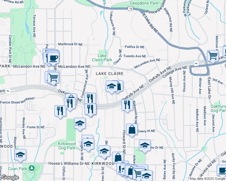 map of restaurants, bars, coffee shops, grocery stores, and more near 1867 Gordon Manor Northeast in Atlanta