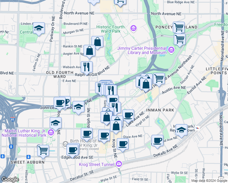 map of restaurants, bars, coffee shops, grocery stores, and more near 697 Kendall Street Northeast in Atlanta