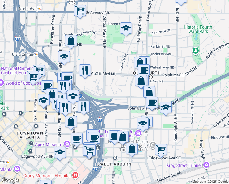 map of restaurants, bars, coffee shops, grocery stores, and more near 1315 McGill Park Avenue Northeast in Atlanta