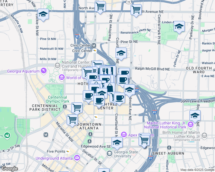 map of restaurants, bars, coffee shops, grocery stores, and more near 285 Peachtree Center Avenue Northeast in Atlanta