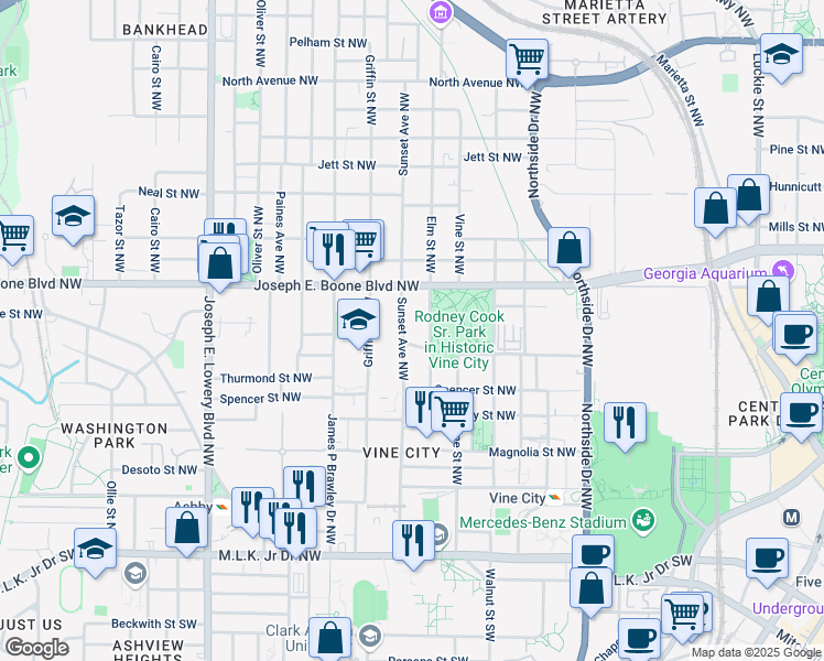 map of restaurants, bars, coffee shops, grocery stores, and more near 265 Sunset Avenue Northwest in Atlanta