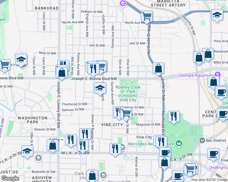 map of restaurants, bars, coffee shops, grocery stores, and more near 265 Sunset Avenue Northwest in Atlanta