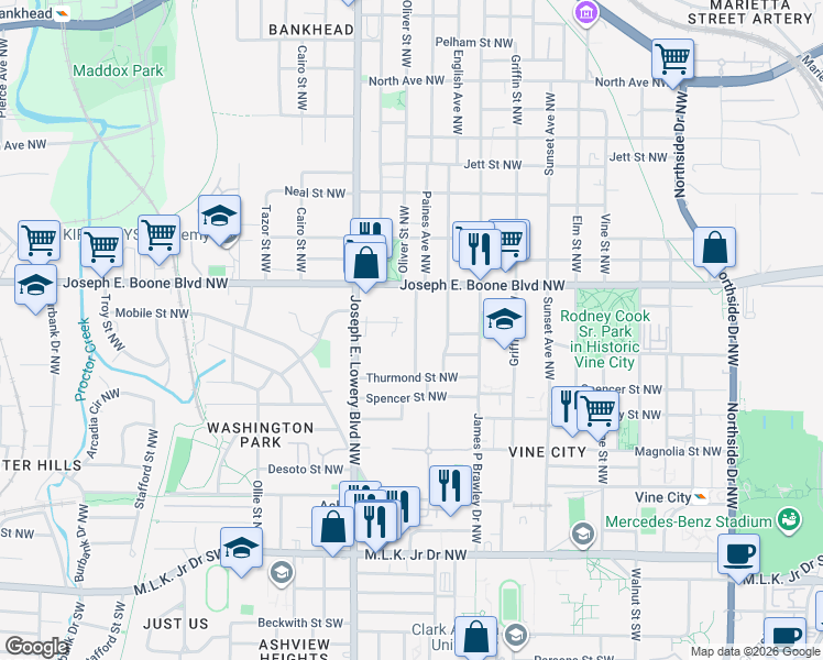 map of restaurants, bars, coffee shops, grocery stores, and more near 270 Sciple Terrace Northwest in Atlanta
