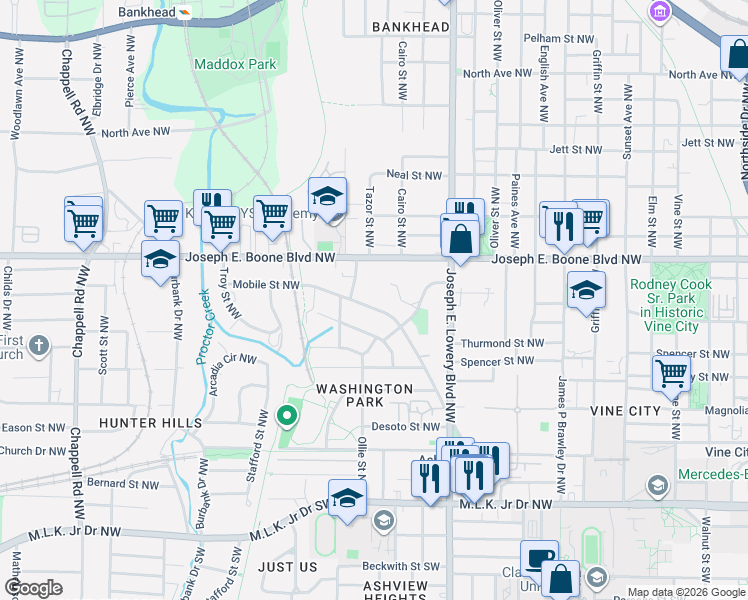 map of restaurants, bars, coffee shops, grocery stores, and more near 1070 Mayson Turner Road Northwest in Atlanta