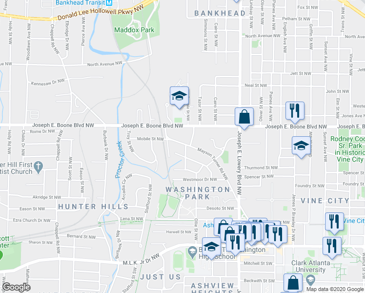 map of restaurants, bars, coffee shops, grocery stores, and more near 1088 Mayson Turner Road Northwest in Atlanta