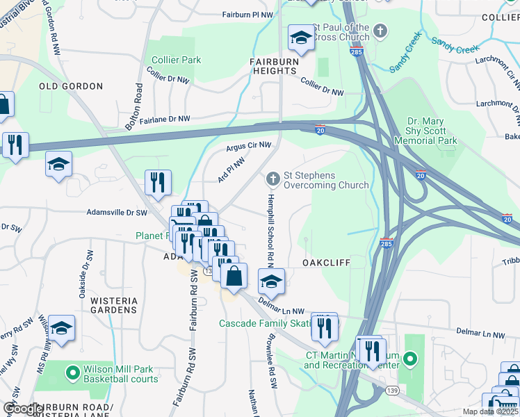 map of restaurants, bars, coffee shops, grocery stores, and more near 3479 Thompson Drive Northwest in Atlanta