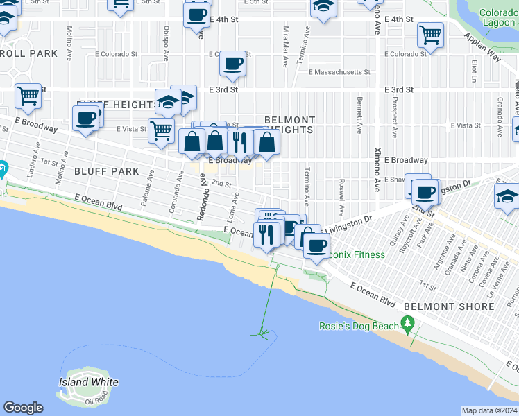 map of restaurants, bars, coffee shops, grocery stores, and more near 3665 East First Street in Long Beach