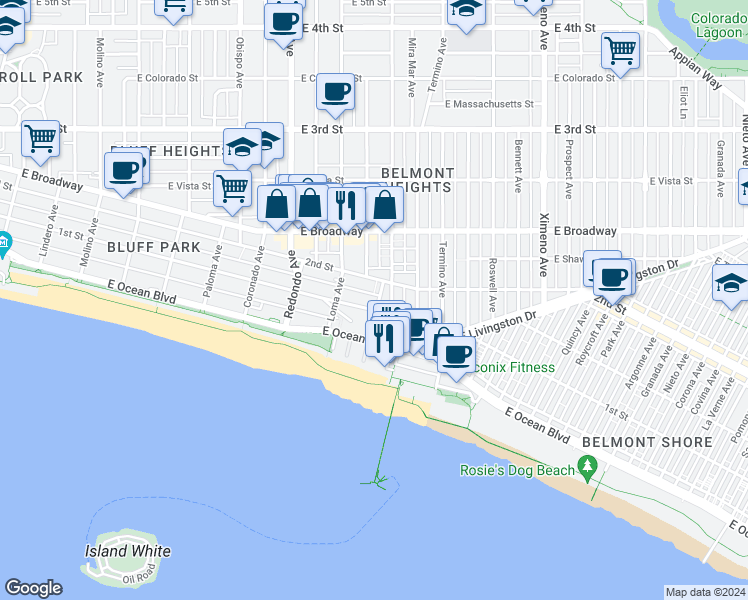 map of restaurants, bars, coffee shops, grocery stores, and more near 3665 East 1st Street in Long Beach