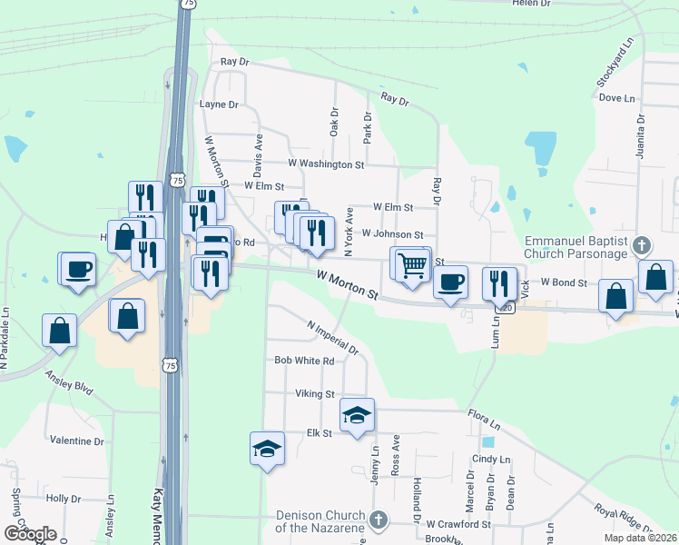 map of restaurants, bars, coffee shops, grocery stores, and more near 2707 West Morton Street in Denison