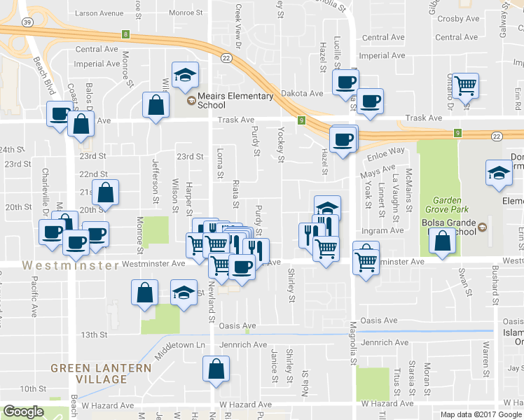 map of restaurants, bars, coffee shops, grocery stores, and more near 8671 Hewitt Lane in Garden Grove