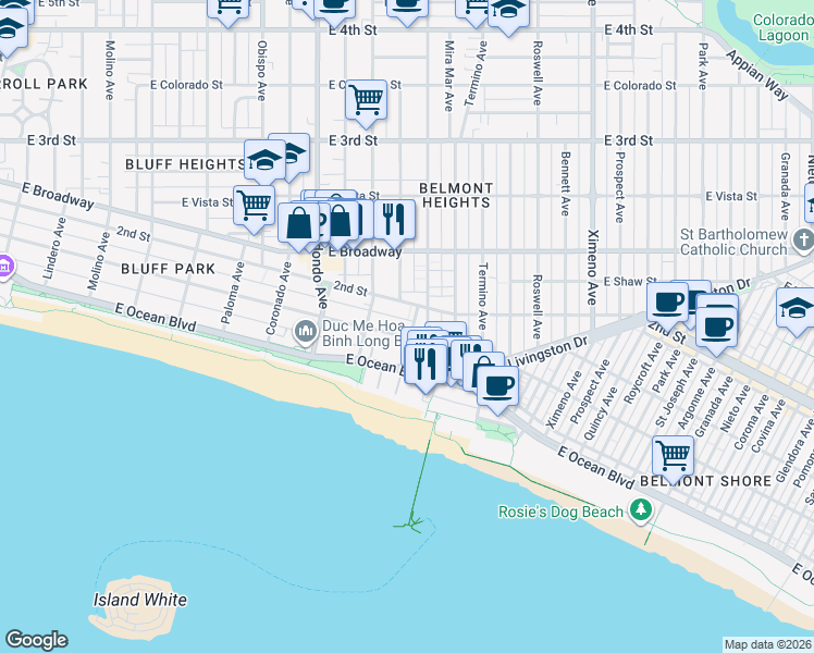 map of restaurants, bars, coffee shops, grocery stores, and more near 3665 East 1st Street in Long Beach