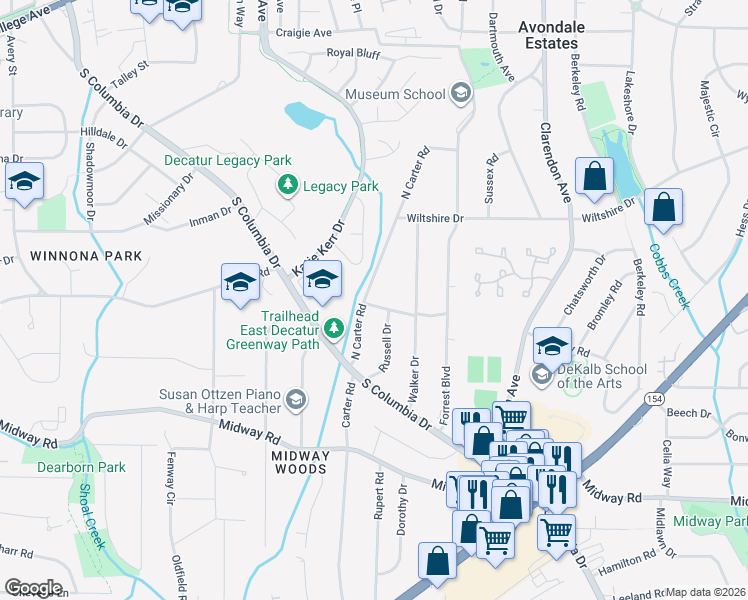 map of restaurants, bars, coffee shops, grocery stores, and more near 1130 North Carter Road in Decatur