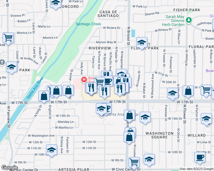 map of restaurants, bars, coffee shops, grocery stores, and more near 1441 West 17th Street in Santa Ana