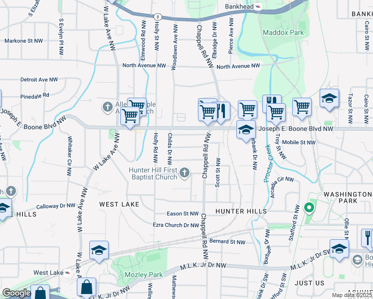 map of restaurants, bars, coffee shops, grocery stores, and more near 1440 Hawkins Street Northwest in Atlanta