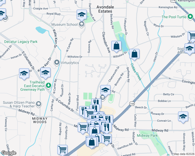 map of restaurants, bars, coffee shops, grocery stores, and more near 37 Chelsea Court in Avondale Estates