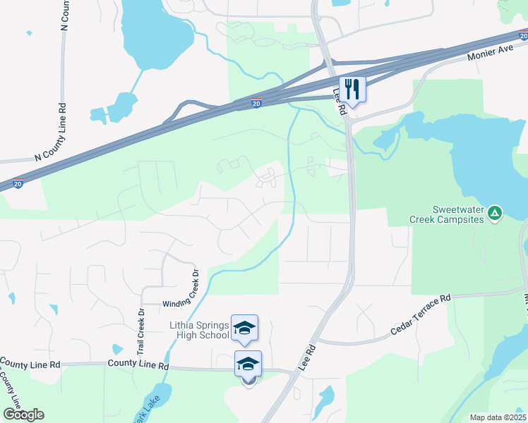 map of restaurants, bars, coffee shops, grocery stores, and more near 3423 Summerlin Parkway in Lithia Springs