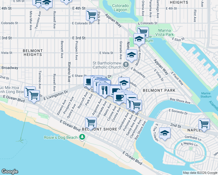 map of restaurants, bars, coffee shops, grocery stores, and more near 222 Argonne Avenue in Long Beach