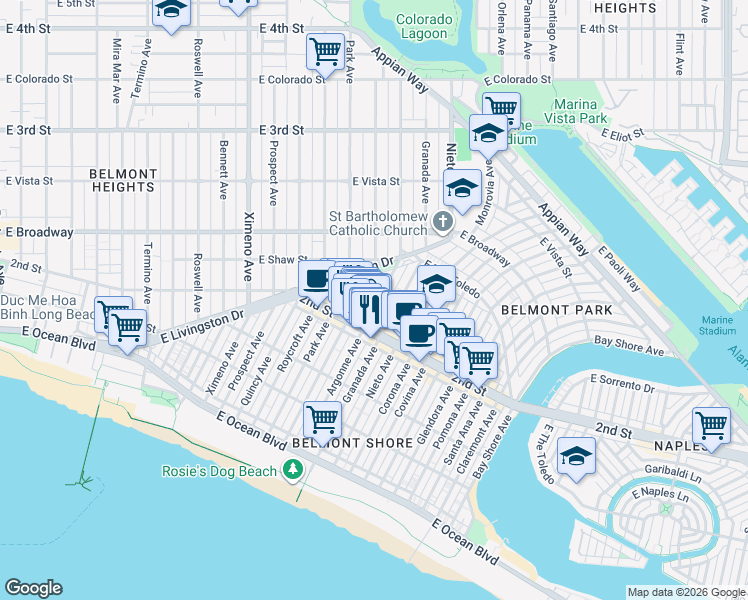 map of restaurants, bars, coffee shops, grocery stores, and more near 222 Argonne Avenue in Long Beach