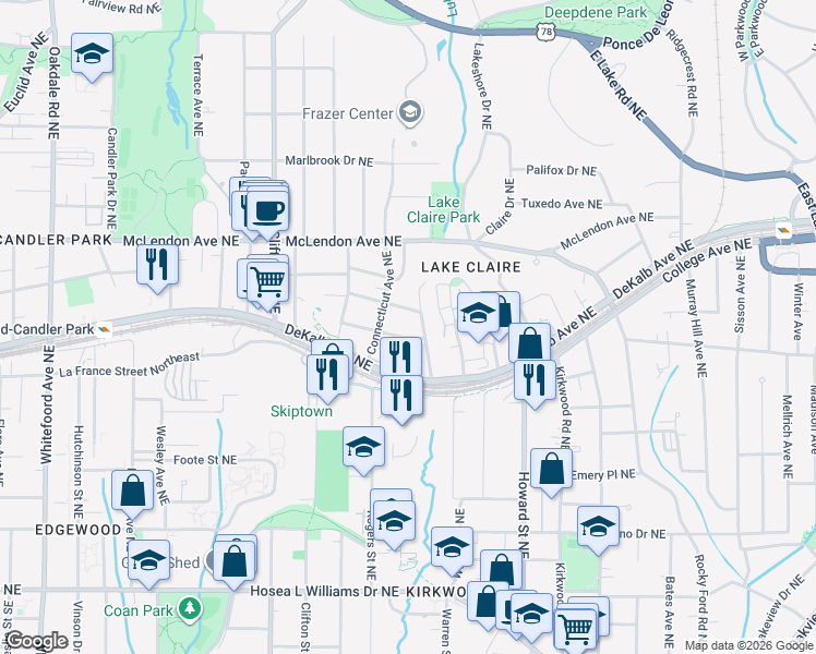 map of restaurants, bars, coffee shops, grocery stores, and more near 1828 New York Avenue Northeast in Atlanta