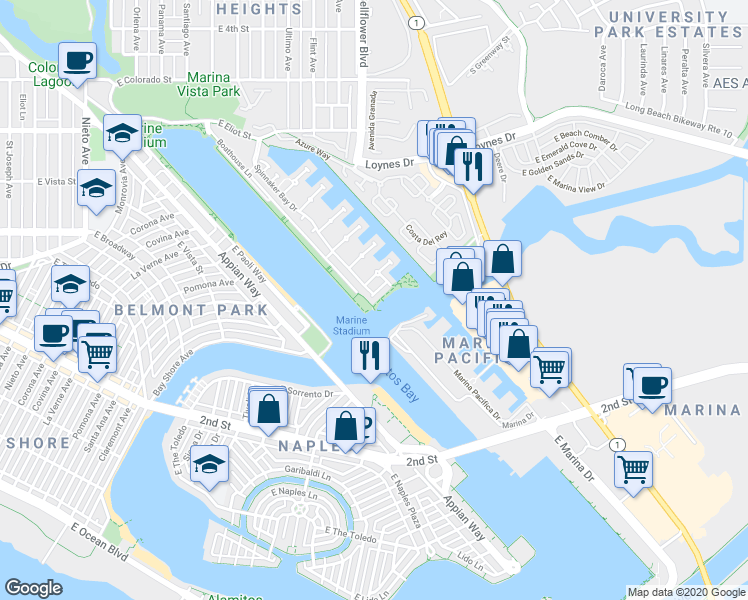 map of restaurants, bars, coffee shops, grocery stores, and more near 304 Smugglers Cove in Long Beach