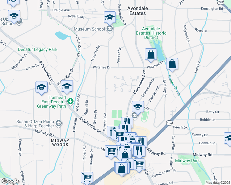 map of restaurants, bars, coffee shops, grocery stores, and more near 84 Hampshire Court in Avondale Estates
