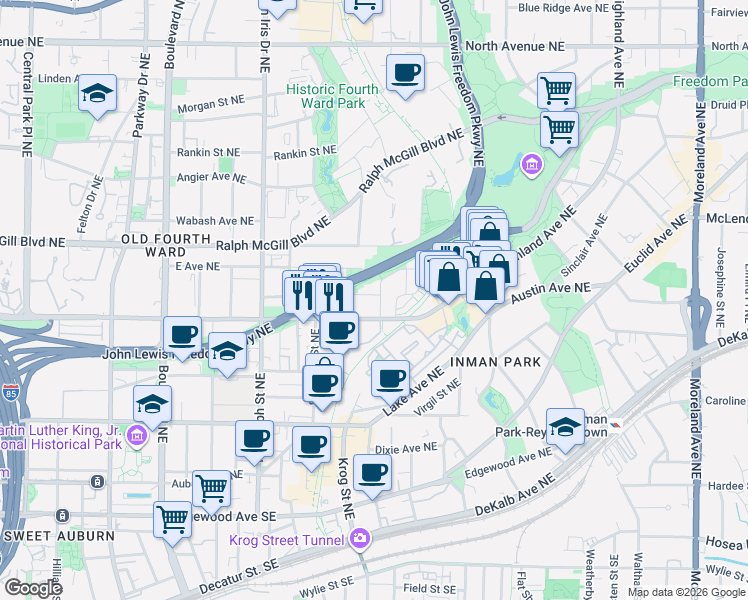 map of restaurants, bars, coffee shops, grocery stores, and more near 282 Alaska Avenue Northeast in Atlanta