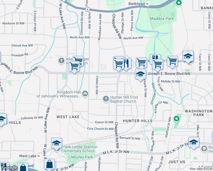 map of restaurants, bars, coffee shops, grocery stores, and more near 1440 Hawkins Street Northwest in Atlanta