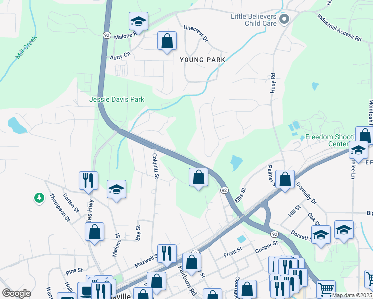 map of restaurants, bars, coffee shops, grocery stores, and more near 6411 Brown Street in Douglasville