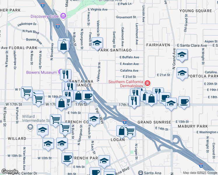 map of restaurants, bars, coffee shops, grocery stores, and more near 1909 Poinsettia Street North in Santa Ana