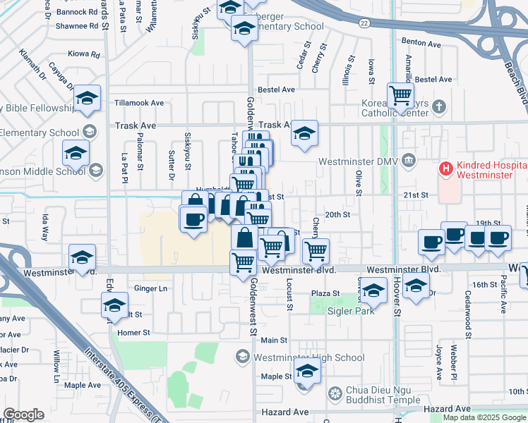 map of restaurants, bars, coffee shops, grocery stores, and more near 13771 Pine Street in Westminster