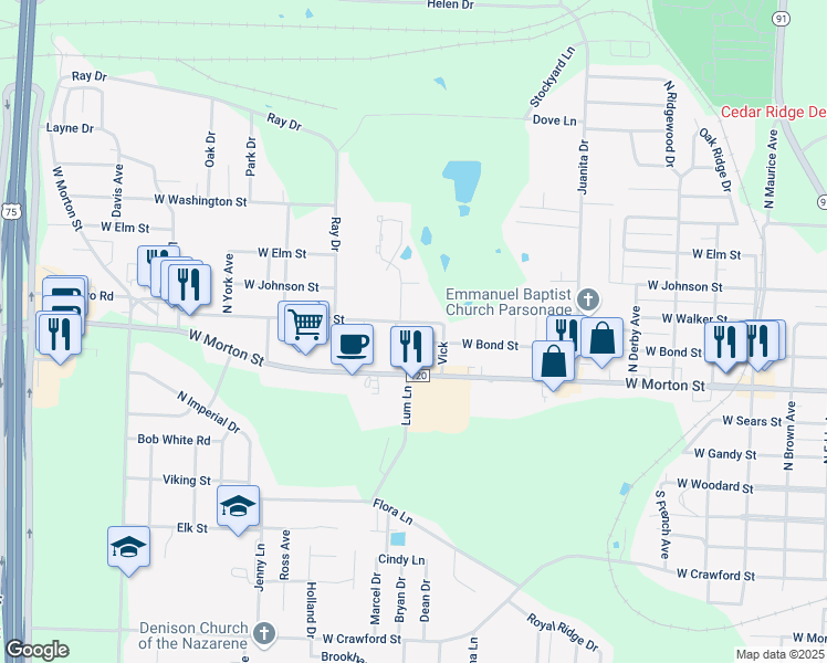 map of restaurants, bars, coffee shops, grocery stores, and more near 2322 West Walker Street in Denison