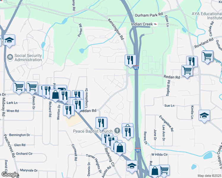 map of restaurants, bars, coffee shops, grocery stores, and more near 1119 Oakwood Manor Court in Decatur