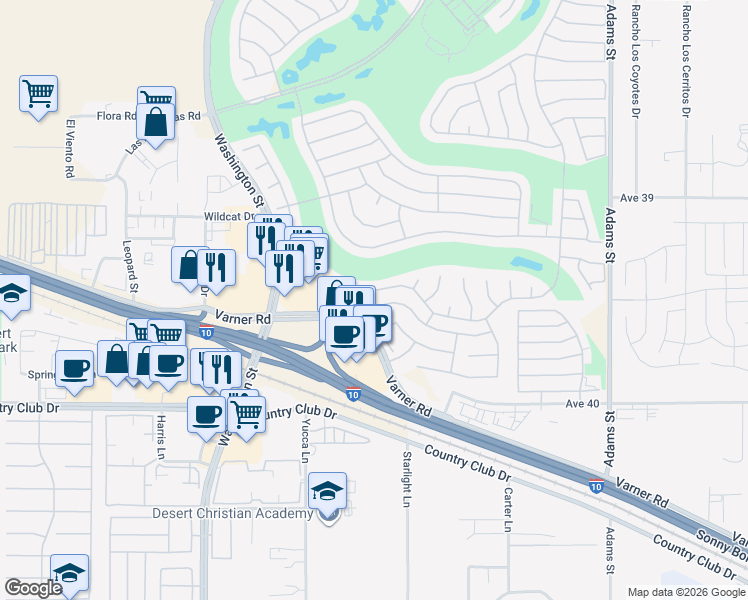 map of restaurants, bars, coffee shops, grocery stores, and more near 78374 Hampshire Avenue in Palm Desert
