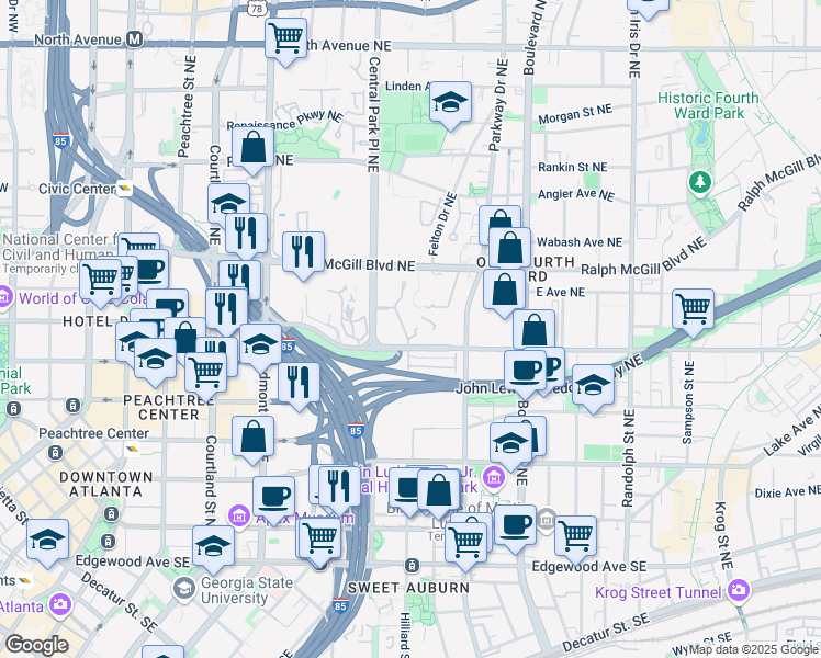 map of restaurants, bars, coffee shops, grocery stores, and more near 405 McGill Park Avenue Northeast in Atlanta