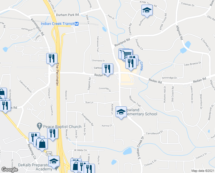 map of restaurants, bars, coffee shops, grocery stores, and more near 1108 Crossings Court in Stone Mountain