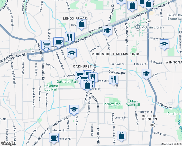 map of restaurants, bars, coffee shops, grocery stores, and more near 605 Ansley Street in Decatur