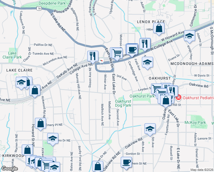 map of restaurants, bars, coffee shops, grocery stores, and more near 250 Winter Avenue in Decatur