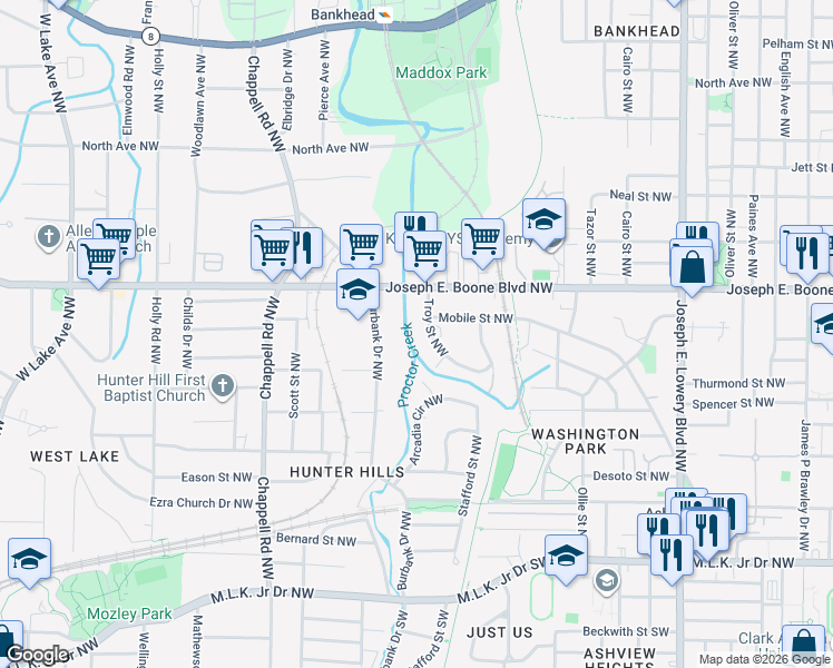 map of restaurants, bars, coffee shops, grocery stores, and more near 270 Troy Street Northwest in Atlanta