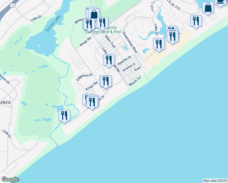 map of restaurants, bars, coffee shops, grocery stores, and more near 6500 Shore Drive in Myrtle Beach